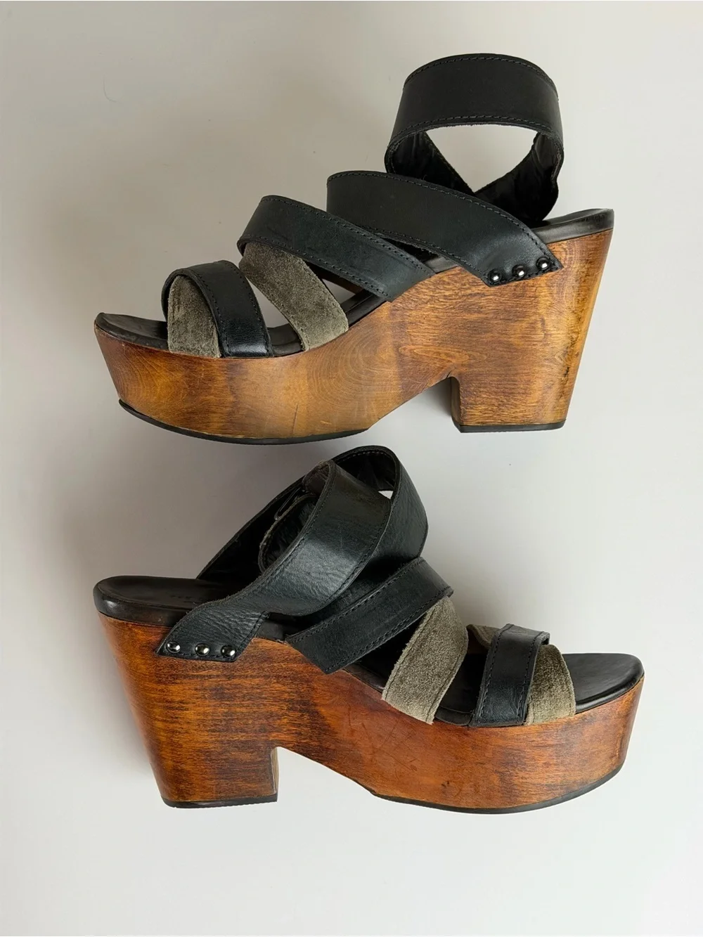 Rag & Bone Addington Leather Platform Wedge Sandals Black Wood Heel Women’s 7